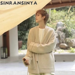 Sinransinya Áo Khoác cardigan Dệt Kim Cao Cấp Phối Lông Tơ Tuần Lộc Phong Cách retro Nhật Bản Thường Ngày Thời Trang Cao Cấp Cho Nam