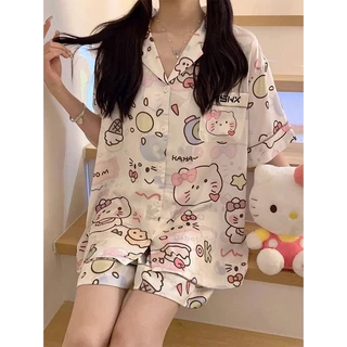 Bộ Đồ Ngủ In Hoạt Hình Hello Kitty Kiểu Nhật Bản Thời Trang Mùa Hè Cho Nữ