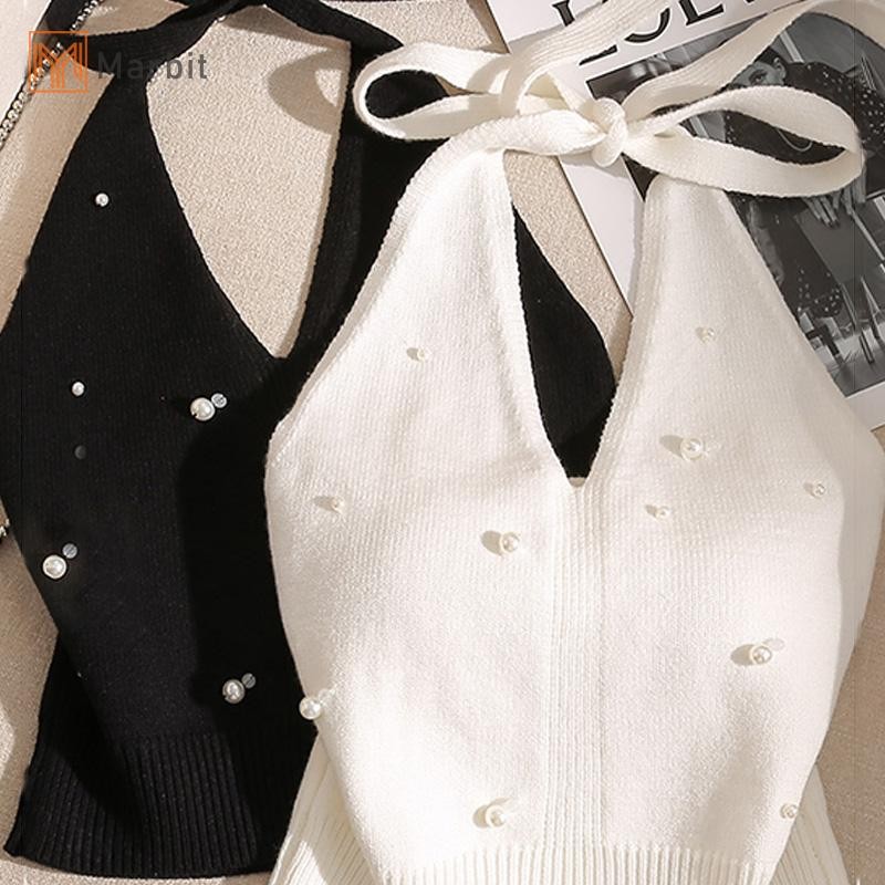 Marbit Áo vest dệt kim hở lưng đính hạt cườm kiểu Pháp Fashion dành cho nữ mới
