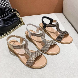 Mùa hè mới Roman dày đế gót rhinestone boho nữ sandal sinh viên giải trí nhẹ bãi biển sandal nữ HYGC0011