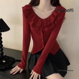 Mcionyi Áo cardigan Dệt Kim Cổ Chữ v Phối Bèo Kiểu Pháp Thời Trang 2023 Cho Nữ