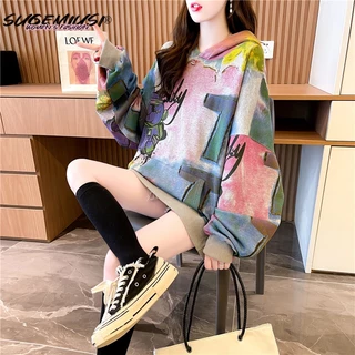 Áo Hoodie Mỏng Dáng Rộng In Họa Tiết graffiti Phong Cách Phương Tây Thời Trang Mùa Thu Cho Nữ