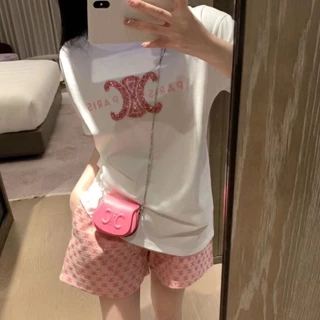 Oaix Ce Embroidered Letter Short Sleeve T-shirt Sequins Loose-Fitting Casual All-Matching round Neck T-shirt