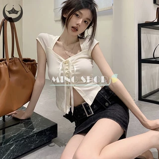 Áo Crop Top Tay Ngắn Cổ Vuông Màu Sắc Thời Trang Cho Nữ