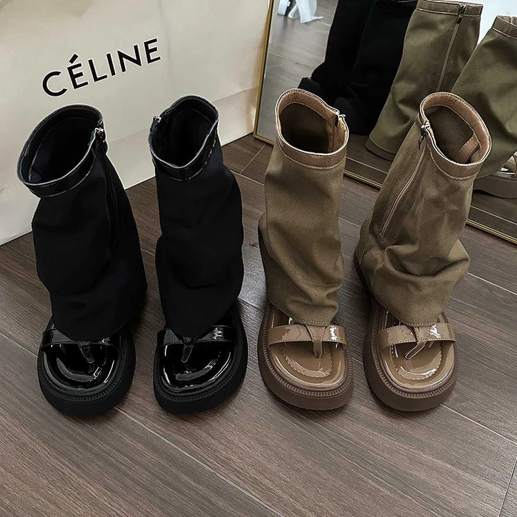 Dép sandal cao cổ vải canvas phong cách Y2K mới của Hàn Quốc, dép Roman, gót vừa, đế dày, mũi nhọn, có khóa kéo, dép Ulzzang đa năng, chống trượt, bền, cho kỳ nghỉ hè, sinh viên