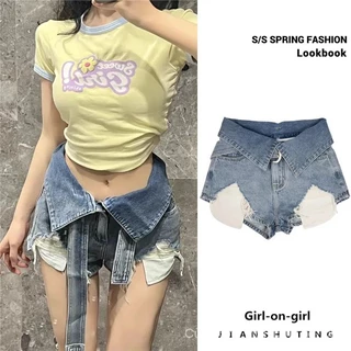 Quần short jeans Lưng Cao Thiết Kế Xẻ Rách Thời Trang Xuân Thu Cho Nữ