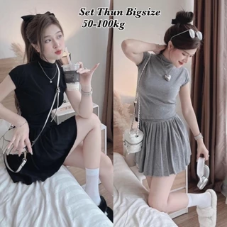 Set Bigsize Thun Tăm Thiết Kế Áo Cổ 3P Tay Hến Vạt Bầu Váy Xoè Có Lót Trong Hot Hit Thời Trang Bigsize Nữ đẹp 55-100kg