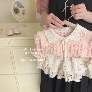 Set Đồ Mùa Hè 2023 Gồm Áo cotton Dệt Kim Tay Cộc Và Quần Ngắn Phối Ren Phong Cách Mới Cho Bé Gái