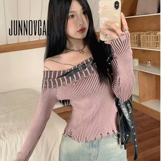 Junnovgal Áo Sweater Tay Dài Dáng Ôm Khoét Vai Màu Trơn Thời Trang 2024 Cho Nữ