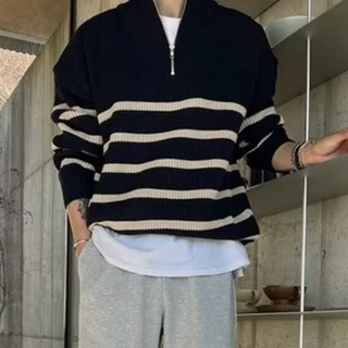 Áo sweater Dệt Kim Tay Dài Dáng Rộng Kẻ Sọc Phối Khóa Kéo Kiểu Hàn Quốc Thời Trang Thu Đông Cho Nam