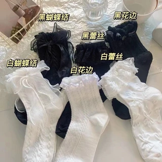 Vớ cotton y2k Cổ Cao Phối Ren Và Nơ Thoáng Khí Phong Cách lolita Nhật Bản Cho Nữ