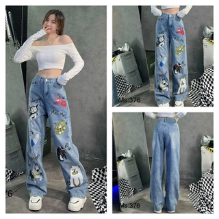 Quần jeans nữ ống suông Namstore eo cạp cao cao in họa tiết hình dễ thương M376