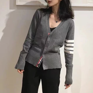 CXAX Thom Browne 2023 autumn new four-bar knitted cardigan women's aging college style loose slimming sweater coat fashion