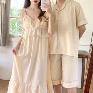 BN180_ Bộ ngủ đôi, bộ pijama cặp đôi nam nữ ngắn tay kẻ caro phong cách Hàn Quốc | Hàng Quảng Châu cao cấp