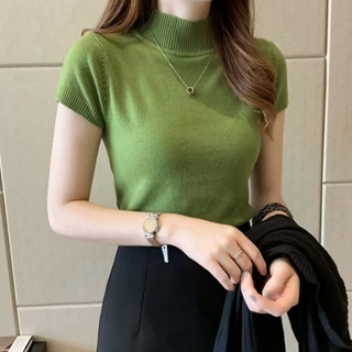 Áo sweater Dệt Kim Cổ Lọ Tay Ngắn Dáng Ôm Thời Trang Thu Đông Cho Nữ