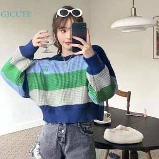 Gjcute Áo sweater Dệt Kim Chui Đầu Dáng Rộng Cổ Tròn Tay Dài Kẻ Sọc Mùa Thu Cho Nữ