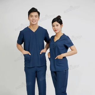 Bộ blouse cổ tim phẫu thuật xanh Navy, đồng phục bộ scrubs bác sĩ phòng mổ, kỹ thuật viên, spa, nha khoa