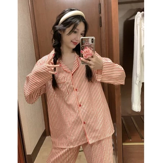 BN124_ Bộ ngủ nữ, bộ đồ pijama  cotton dài tay kẻ sọc đen hồng cổ sơ mi| Hàng quảng châu cao cấp