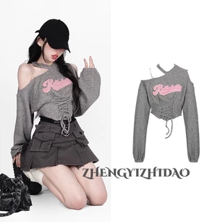 Zhengyizhidao waffle Áo sweatshirt Tay Dài Hở Vai Có Dây Thắt Eo Ngắn Mùa Thu Phong Cách Hàn Quốc Dễ Phối Đồ Hợp Xu Hướng Cho Nữ