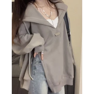 Áo hoodie Dáng Rộng Phối Khóa Kéo Thời Trang Đường Phố