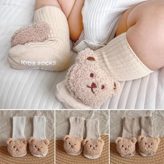 Hoạt Hình Vớ cotton Thoáng Khí Chống Trượt Màu Trơn Đính Gấu Bông Dành Cho Bé 0-12 Tháng Tuổi