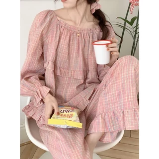 BN120_ Bộ ngủ nữ, bộ đồ pijama  cotton dài tay cổ tròn màu hồng  | Hàng quảng châu cao cấp