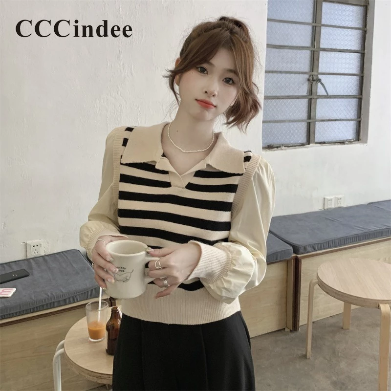 Cccindee Áo sweater Cổ polo Tay Dài Phối Màu Tương Phản Thời Trang 2023 Cho Nữ