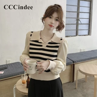 Cccindee Áo sweater Cổ polo Tay Dài Phối Màu Tương Phản Thời Trang 2023 Cho Nữ