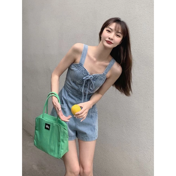 Hàng Mới Về [Hàng Mới Về] Quần Yếm Denim Ngắn Eo Cao Dáng Ôm Có Dây Cột Thời Trang Mùa Hè Mới Cho Nữ