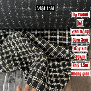 Vải Dạ tweed kẻ caro đen trắng ô vuông 3cm xuất dư dầy xịn mịn- May áo khoác chân váy -dạ hội