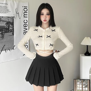 Klalien Áo Croptop Dệt Kim Dài Tay Đính Hàng Nút Kiểu Hàn Quốc Thời Trang Mùa Thu Cho Nữ