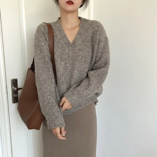 Áo sweater Dệt Kim Cổ Chữ v Dáng Rộng Thời Trang Thu Đông Cho Nữ