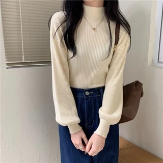 Áo sweater Dệt Kim Cổ Lọ Tay Phồng Dài Thời Trang Thu Đông 2024 Cho Nữ