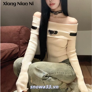 Xiang NIAN NI áo một vai hottie ngọt ngào nguyên chất dành cho nữ mùa thu đông Áo sơ mi dệt kim dài tay y2k của Mỹ có áo len lệch vai