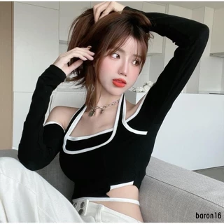 Áo Thun crop Top Tay Dài Trễ Vai Giả Hai Lớp Thời Trang Xuân Croptop Thu Cho Nữ