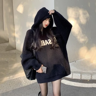 Áo Sweater Dệt Kim Dày Dặn Dáng Rộng Màu Đen Thời Trang Mùa Đông Cho Nữ