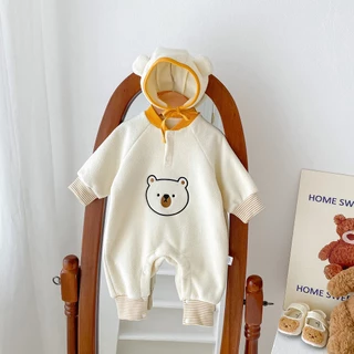 Mới Bộ Áo Liền Quần Tay Dài + Mũ Bằng Vải Bông Dày Dặn In Họa Tiết Gấu teddy Dễ Thương Thời Trang Thu Đông Cho Bé Trai Và Gái 0-24 Tháng Tuổi