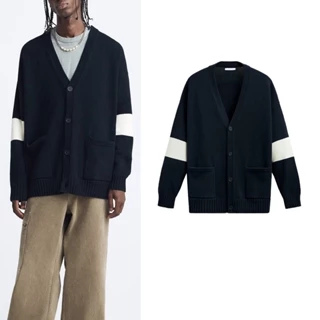 Zara Áo cardigan Dệt Kim Tay Dài Cổ Chữ v Kẻ Sọc Phối Màu Tương Phản Thời Trang Thu Đông Cho Nam 5755322