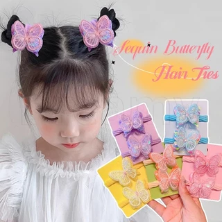 Set 2 Dây Buộc Tóc Co Giãn Hình Bướm Đính Sequin Lấp Lánh Dễ Thương Cho Bé Gái