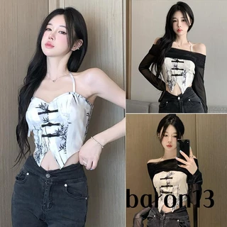 Áo hai dây Hở Lưng In Họa Tiết Lá Tre + Áo crop top Dài Tay Thời Trang Nữ Gợi Cảm