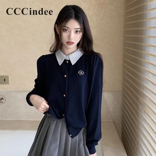 Cccindee Áo Khoác cardigan Tay Dài Cổ Bẻ Dáng Ôm Màu Tương Phản Thời Trang 2023 Dành Cho Bạn Nữ