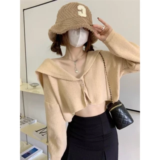 Xiao Hải Quân Cổ Áo Len Nữ Thu Đông Phong Cách Mới Hot Girl Thiết Kế Áo Len Ngắn Cardigan Dài Tay Top MC Phù Hợp Với QGSC