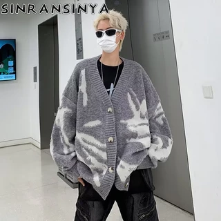 Sinransinya Áo Khoác cardigan Dệt Kim Cổ Chữ v Phong Cách hip hop Đường Phố Mỹ Thời Trang Cho Nam