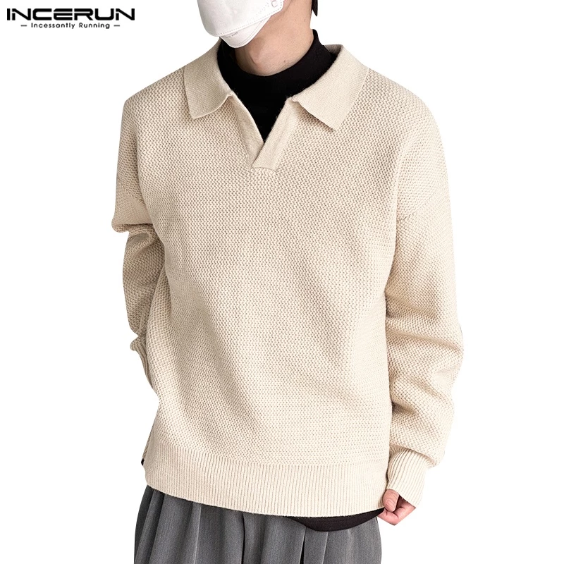 INCERUN Áo sweater Tay Dài Cổ Chữ v Dáng Rộng Màu Trơn Cá Tính Cho Nam