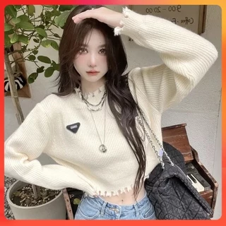 [C0239] Áo len thun Montoghi CROPTOP logo TAM GIÁC phối RÁCH tay dài