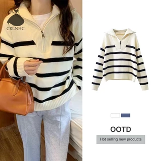 Crlnhc Áo sweater Dệt Kim Tay Dài Dáng Rộng Cổ Bẻ Kẻ Sọc Có Khóa Kéo Thời Trang Thu Đông Cho Nữ vn