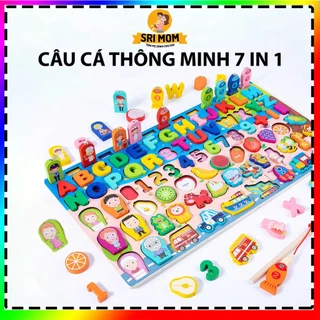 Đồ chơi phát triển trí tuệ bằng gỗ 7 trong 1 Bảng học chữ số đếm ghép hình học, động vật, câu cá cho bé - SRIMOM