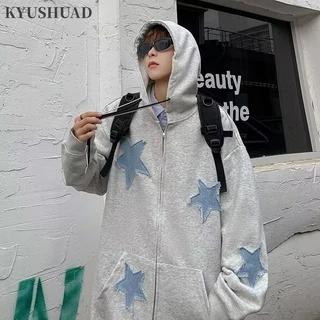 Kyushuad Áo Khoác Hoodie Nỉ Dáng Rộng Thêu Họa Tiết Ngôi Sao Kiểu retro Mỹ Cho Nam