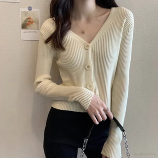 Áo Khoác cardigan Dệt Kim Tay Dài Cổ Chữ v Màu Sắc Đơn Giản Cho Nữ