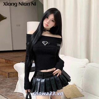 Xiang NIAN NI hot girl áo len lệch vai cổ một dây nữ mùa thu đông phong cách mới bên trong áo len mỏng ngắn tay một vai